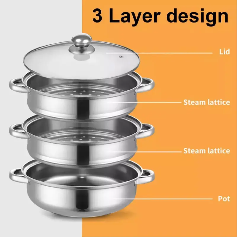 28cm 3 TIER STAINLESS STEEL STEAMER COOKER POT SET PAN COOK FOOD GLASS LIDS Cookware Induction 2