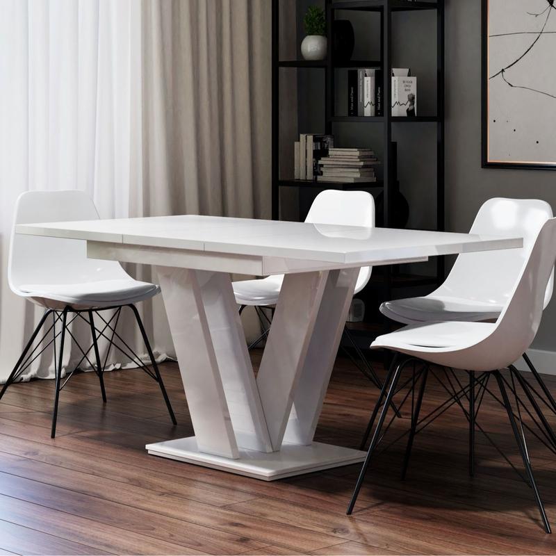 White Gloss Dining Table Small Kitchen Extending 120-160cm V Leg 6-8 Seats Masy 8