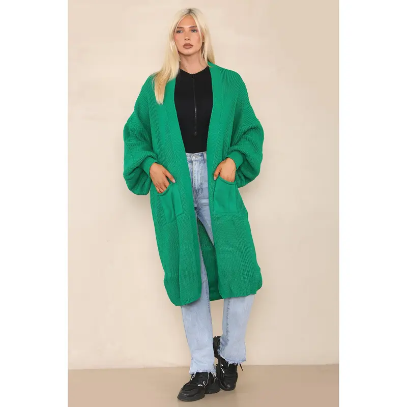 Emerald Balloon Sleeve Cardigan With Pockets 1