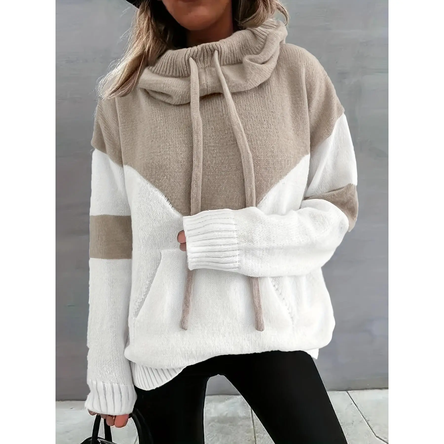 Color Block Drawstring Hooded Sweater, Casual Long Sleeve Pullover Sweater With Pocket, Women's Clothing