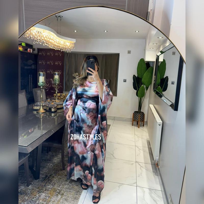 Women's Ladies Satin Marble Print Tie Kaftan Abaya Dress Modesty 1