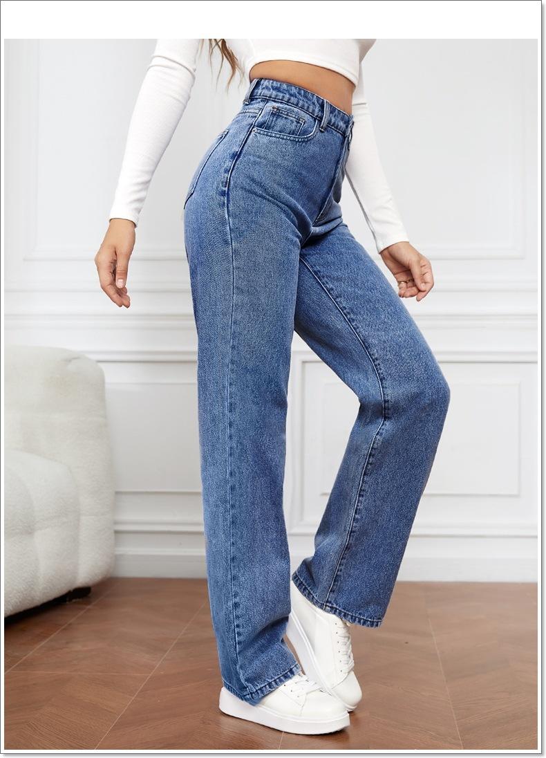 Product Introduction of Women Jeans Straight Pants Denim Washing High Waist Loose Fit Pockets Basics Ankle Length Pants Solid Color Slight Strech 7