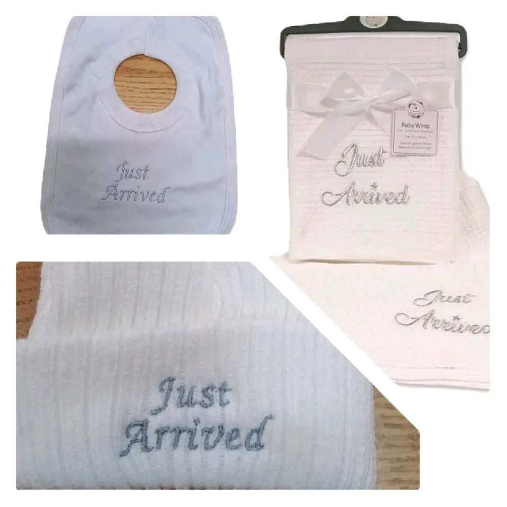 beautiful baby unisex  3 piece just arrived set . hat . bib blanket