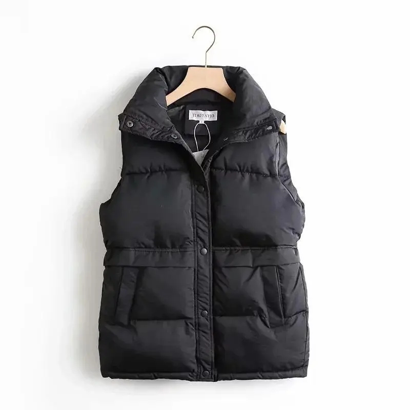 Autumn Winter Women Solid Loose Vest Drawstring Stand Collar Long Vest Jacket  Cotton Padded Women Windproof Warm Waistcoat 2