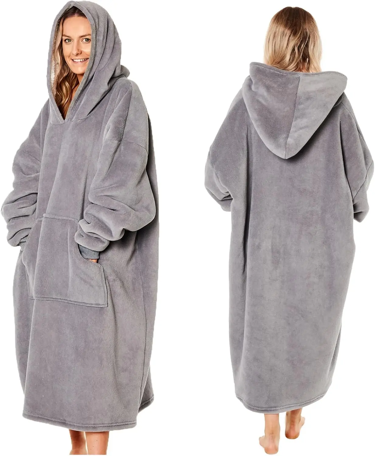 Extra Long Oversized Blanket Hoodie Wearable Throw with Pockets Sleeves Soft Sherpa Fleece Wearable Throw Giant Sweatshirt, Charcoal Grey
