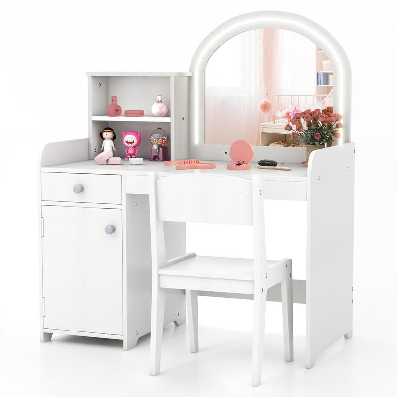 COSTWAY Kids Vanity Table and Chair Set with Shelves Drawer and Cabinet 4