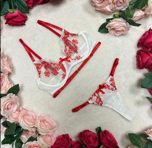 LILIOSA LINGERIE Candy Cane -  Spring Summer Blossom Romantic Floral Embroidery Lace 2 Piece Lingerie Set (Clasp Bra + Adjustable Pants)  Comfortable Underwear Womenswear Fit, Satin Medium Strap, Wireless Top Bra, Customized Style Mesh Sheer Lingerie Mult