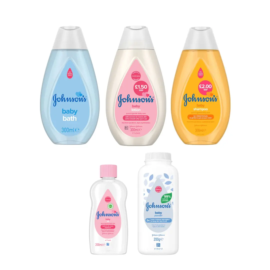 Johnson's Baby Bundle - 200ml Baby Oil, 300ml Baby Bath, 300ml Baby Lotion, 300ml Baby Shampoo, 200ml Baby Talcum Powder - Gift for Newborn Babies