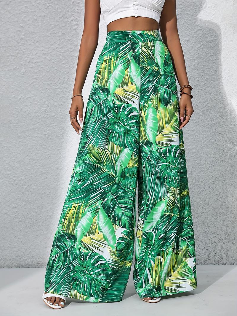 Product Introduction of Women'S Bohemian Floral Print Chiffon Wide-Leg Pants - High Waist, Elastic Waistband, Long Beach Trousers for Summer Vacation, Casual Elegant Style 3