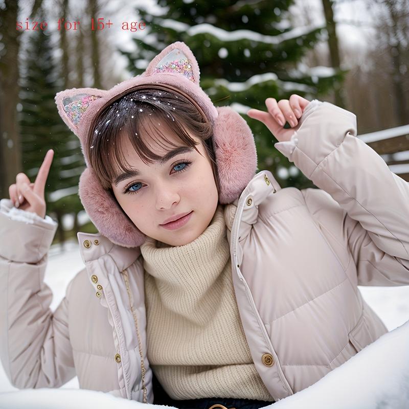 Cute Cat Ear Earmuffs for Women - Foldable Winter Ear Warmers, Sparkle Sequin Design, Solid Color, Polyester, Suitable for Ages 15+ 5