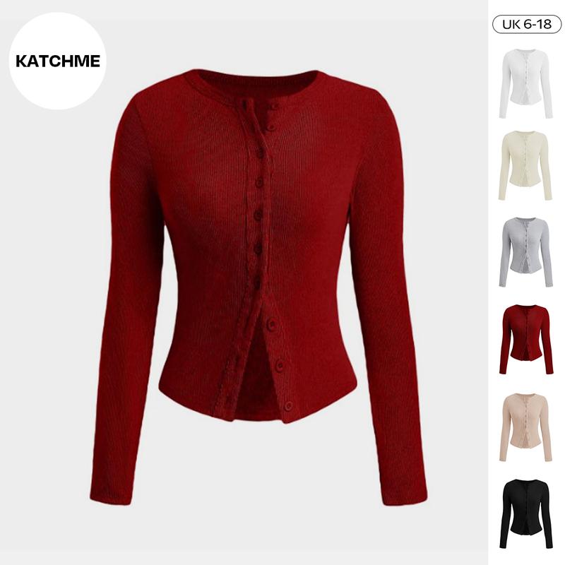KatchMe Women's Versatile Solid Color Knit Button-Up Long Sleeve Slim Top,Lady Slim-Fitting Top for Daily Holiday Wear,Fall & Winter Crewneck Knitwear 0