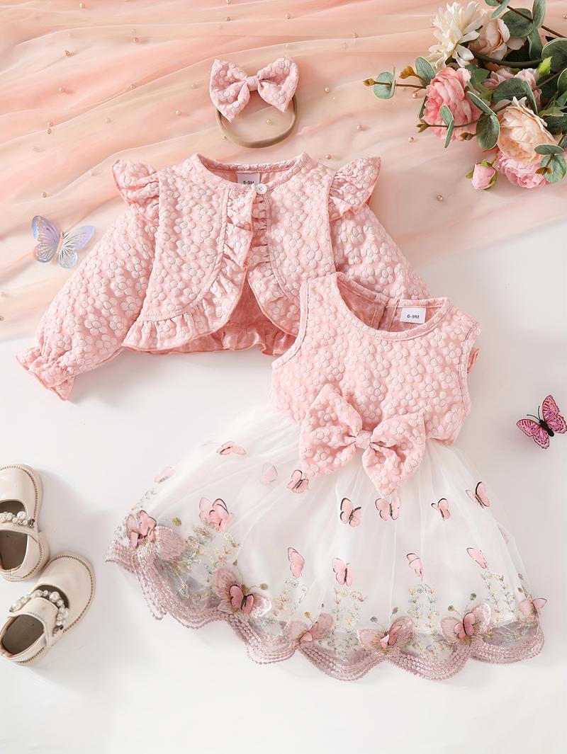 Product Introduction of 3pcs Fashion Casual Girl Butterfly Style Long Sleeve Ruffle Short Top + Sleeveless Mesh Butterfly Dress + Bow Hair Tie 4