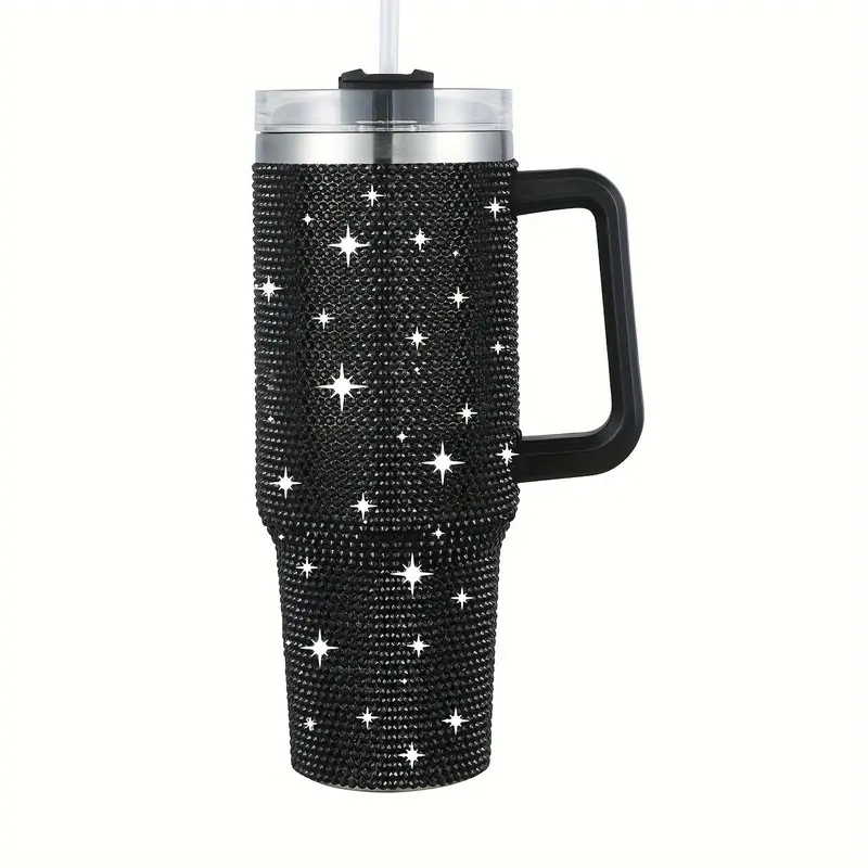1pc 40 Oz Tumbler With Handle And Straw Lid, Studded Bling Diamond Tumbler, Stainless Steel Insulated Water Cup, Double Wall Travel Mug Fix For Car Cup Holder For Women 8