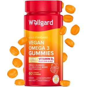 Wellgard Vegan Omega 3 Gummies with DHA & ALA – Includes Vitamins D3, E, & C, Vitamin Gummies, Omega 3 Supplements, Algae Oil Omega 3