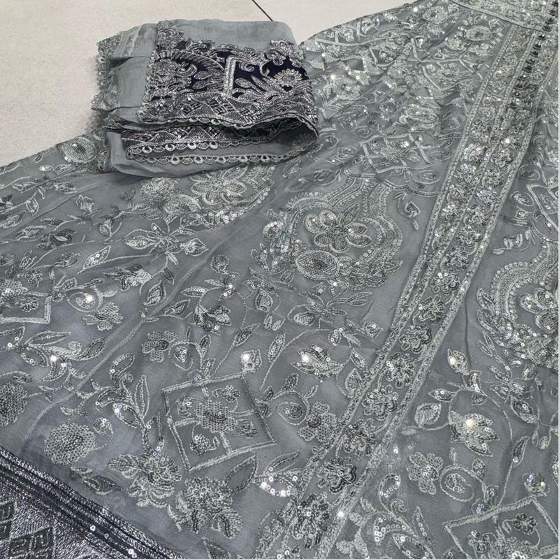 Silver/Grey JASMIN Long dress suit 3 piece Pakistani embroidered chiffon duppatta wedding edt S-XL Womenswear 3