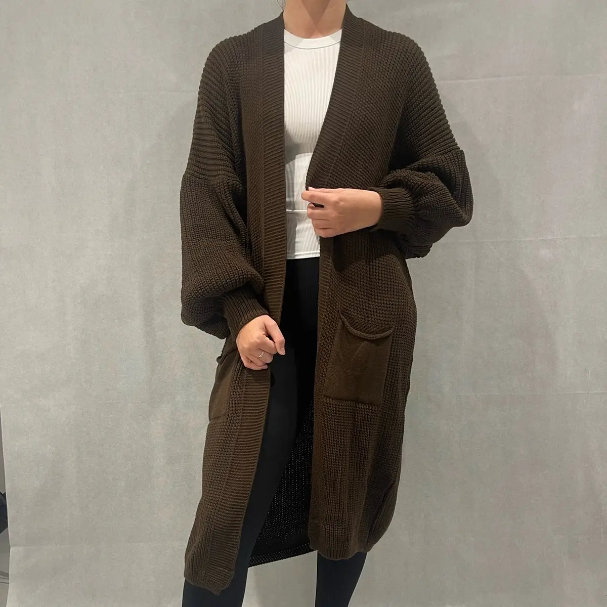 Balloon Sleeve Full Length Knitted Cardigan