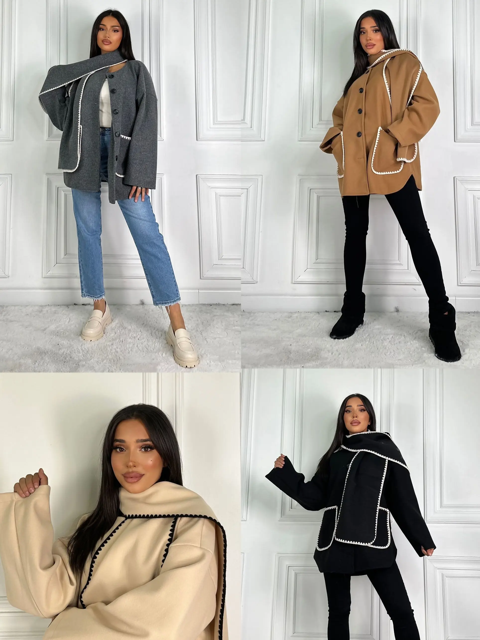 Tesfarz One Size (Fits UK 8-14) Women's Long Sleeve Wool Like Coat  Front Pocket With Matching Scarf For Female Basic Fashion Outerwear Comfortable Jackets Womenswear Casual
