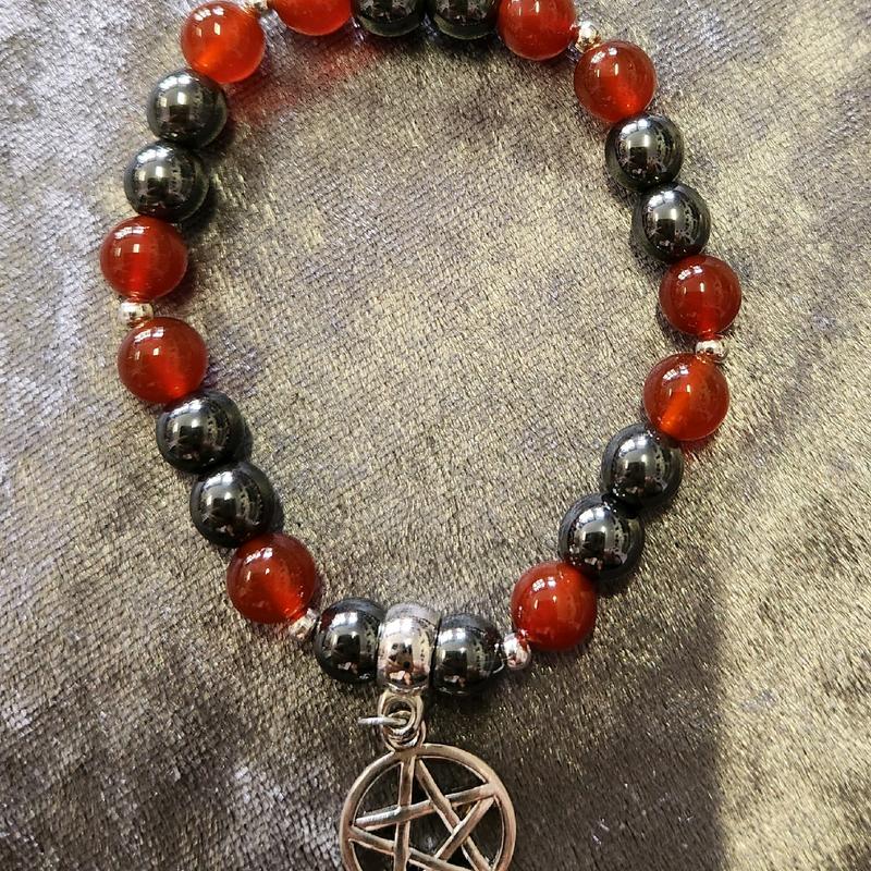 Crystal healing elasticated bracelet with Pentagram charm - Hematite and Orange Aventurine, Hematite and Obsidian, Hematite and Sodalite, Hematite and Carnelian 2