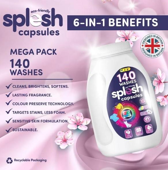 Splesh 3 in 1 Xtra Stain Removal Laundry Capsules - Bulk Buy, 140 Washes 1 Pack - Household 1