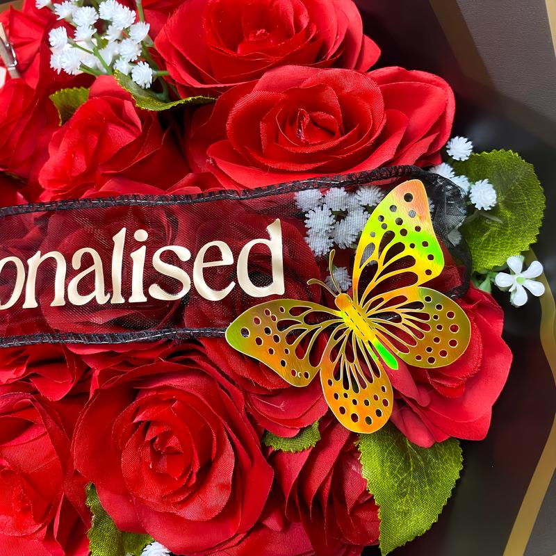 Beautiful Personalised Red Rose Bouquets Red/Pink/Purple/Grey - Inc. Two Butterflies, Postcard & Ribbon Message - The Perfect Gift For Any Occasion valentines flowers Decor Decorative 2