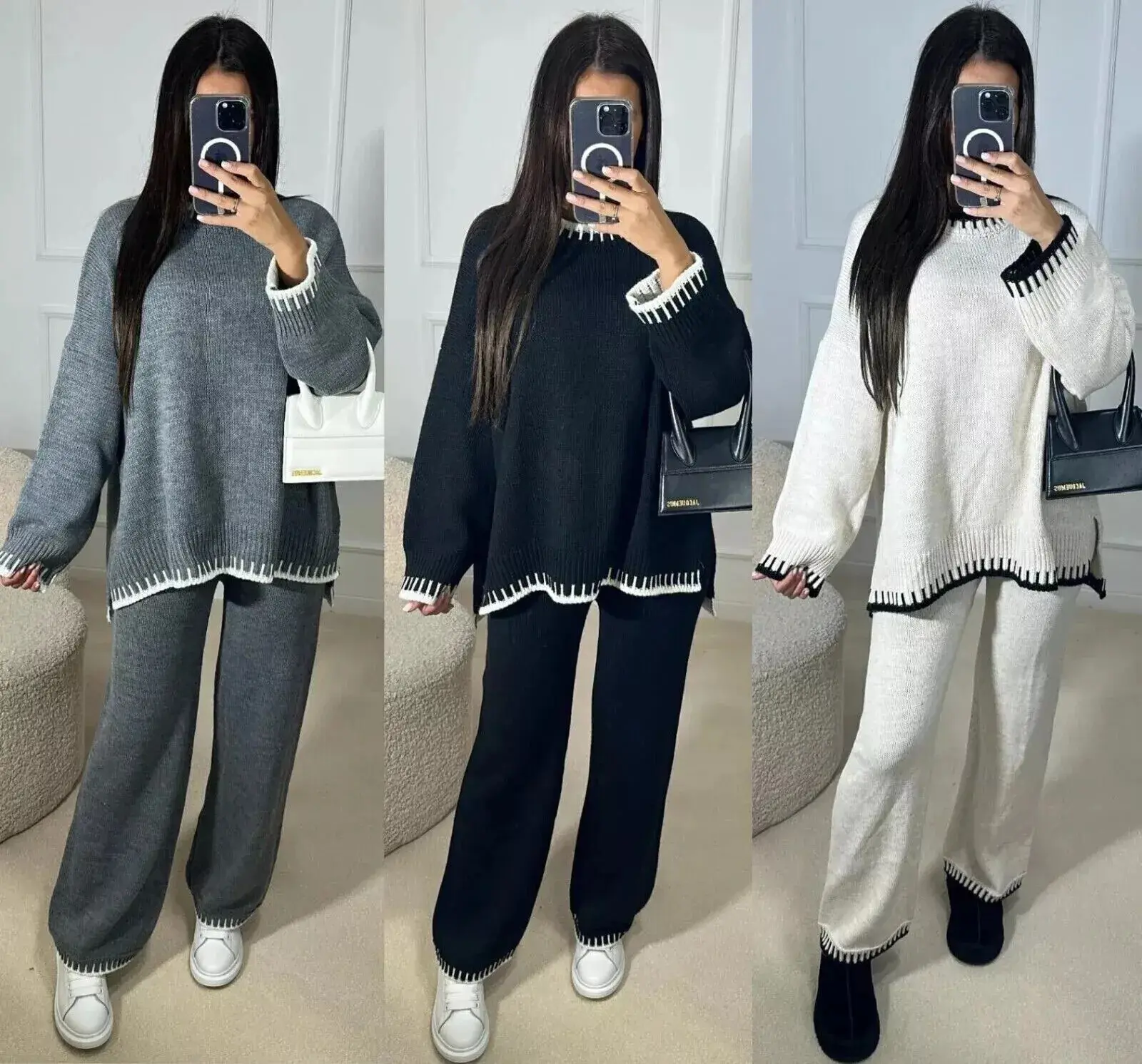 Women's Stitched Knitted Jumper Top Wide Leg Trousers 2PCS Co ord Loungewear Set Womenswear Overalls Suits Underwear Lady Comfort Wideleg Basic Minimalist Long Sleeve Clothing Casual Balloon