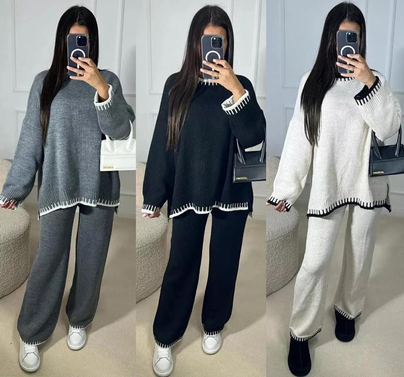 Women's Stitched Knitted Jumper Top Wide Leg Trousers 2PCS Co ord Loungewear Set Womenswear Overalls Suits Underwear Lady Comfort Wideleg Basic Minimalist Long Sleeve Clothing Casual Balloon 1