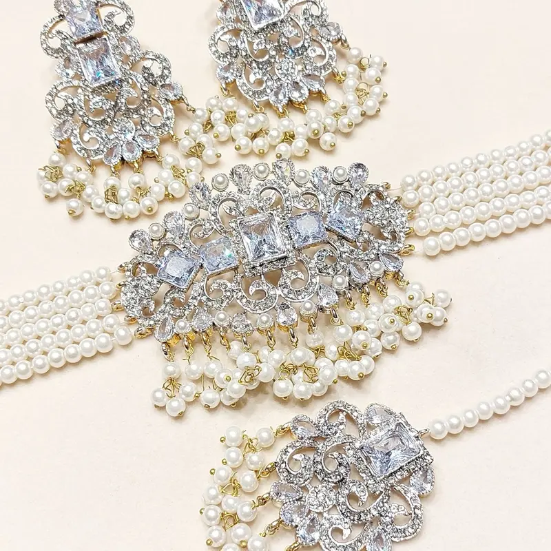 Zircon Choker Set with Real Stone MJB 045 - Bridal Set with Earrings,Tikka, and Pearls Bandhai Necklace 8