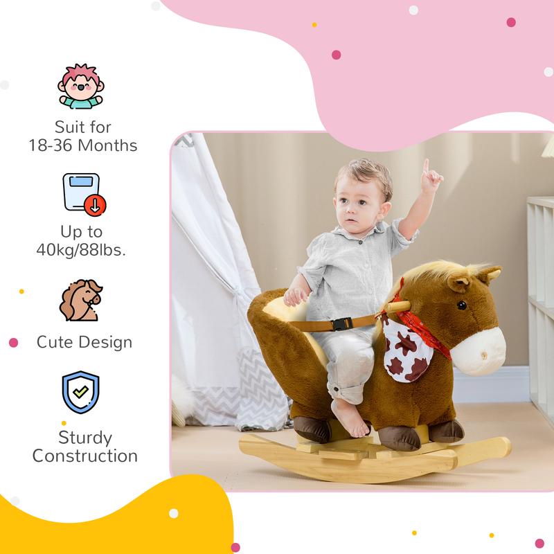 HOMCOM Kids Rocking Horse, Plush Baby Rocking Chair with Safety Harness, Sounds 4