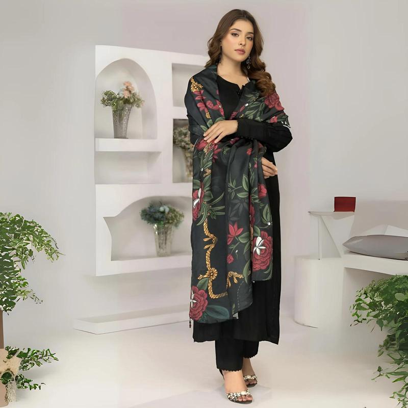 3 Pcs Dyed Twill Linen with Digital Printed Pashmina Shawl | Winter Collection | SIMRANS 4