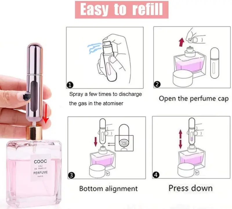 Perfume Atomizer Refillable, 8 ml Refillable Atomiser Perfume Spray Bottle Mini Aluminium Container Cover Set Transparent Friend Window Glass Insert Plastic 4