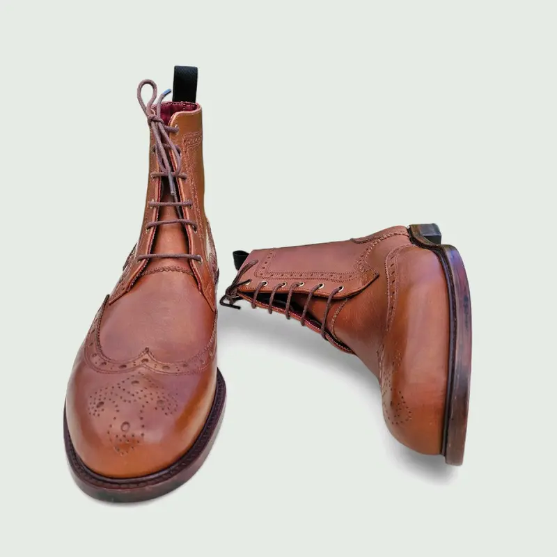Faj Men's Lace up Ankle Brogues Boot Footwear - Classic brown leather 5