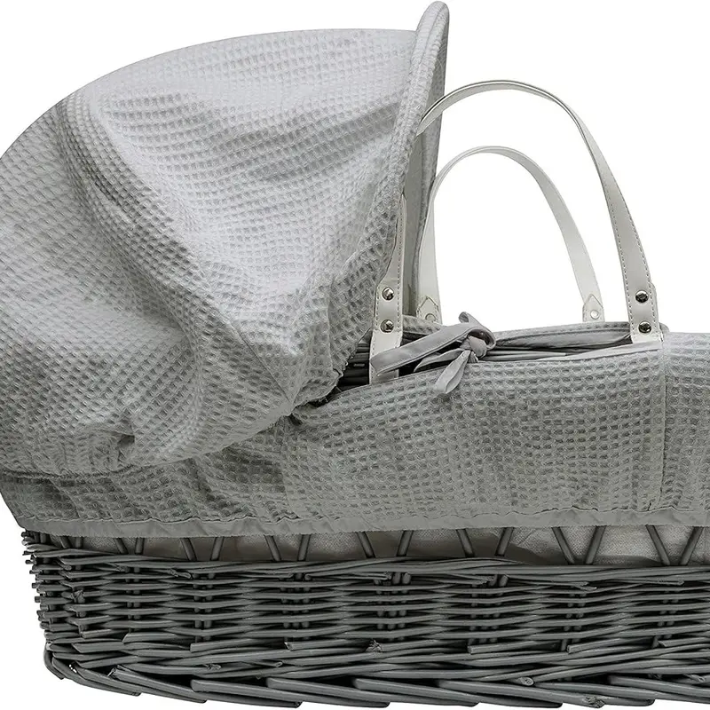 BABY Grey Waffle Grey Wicker Moses Basket with Chester Grey Rocking Stand, Adjustable Hood, Fibre Mattress & Padded Liner 3