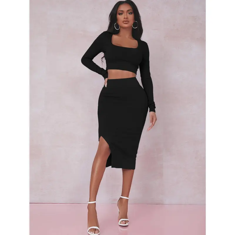 Square Neck Crop Top & Split Thigh Skirt 4