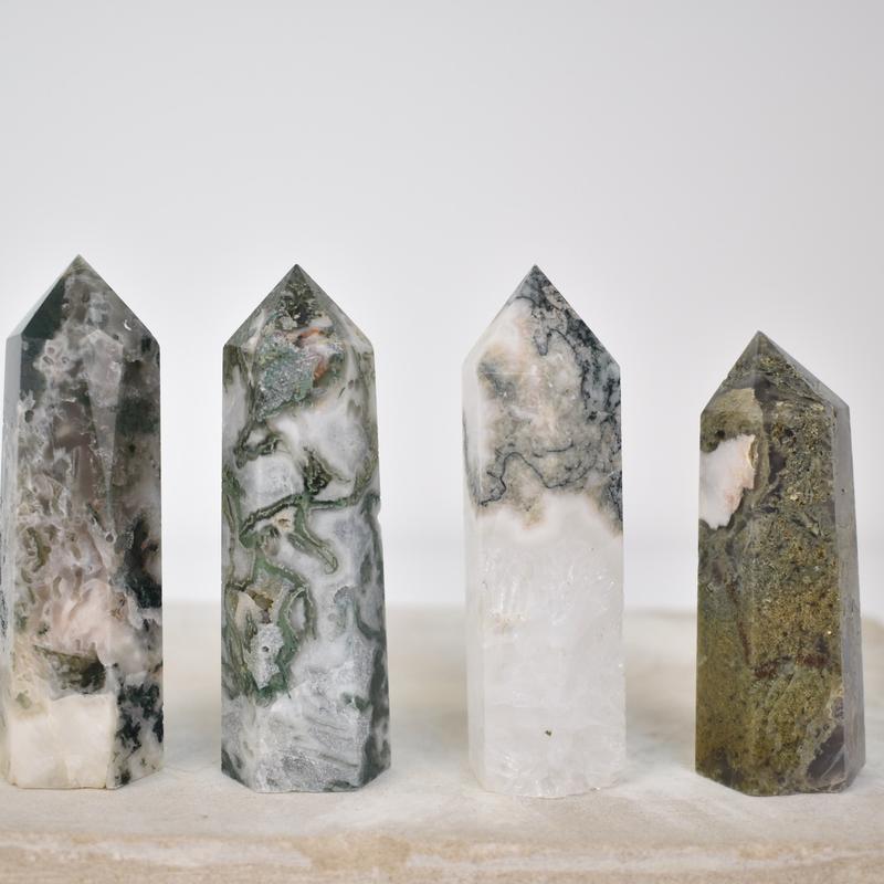 Moss Agate Tower, Green White Druzy Healing Crystal Moss Agate Tower with Quartz 4