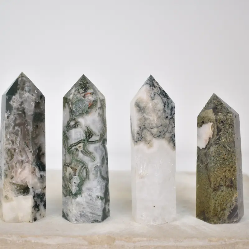 Moss Agate Tower, Green White Druzy Healing Crystal Moss Agate Tower with Quartz 4