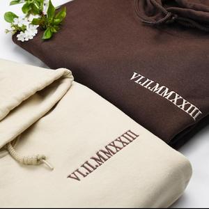 Embroidered Roman Numeral Matching Hoodie, Custom Initials With Heart Sleeve Jumper, Custom Anniversary Date Couple Hoodies, , Matching Couple Hoodie, Anniversary Gift for couple sweatshirt womens  hoodies machine  embroidery embroidery  business