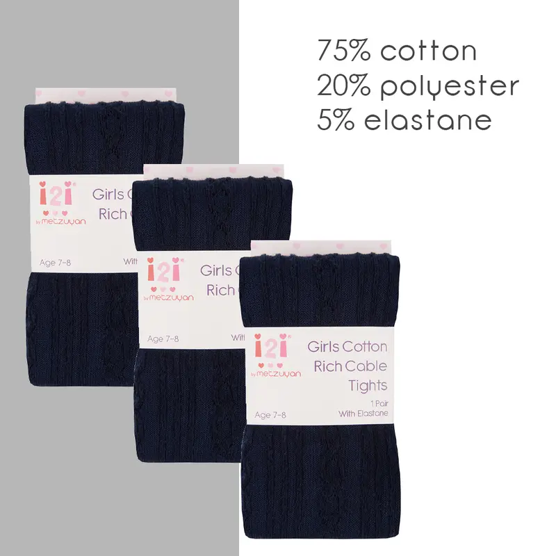 3 Pairs Girls Solid Cable Knit Tights Warm School Uniform Cotton Rich Soft Tights Back To School UK 2-10 Years 3