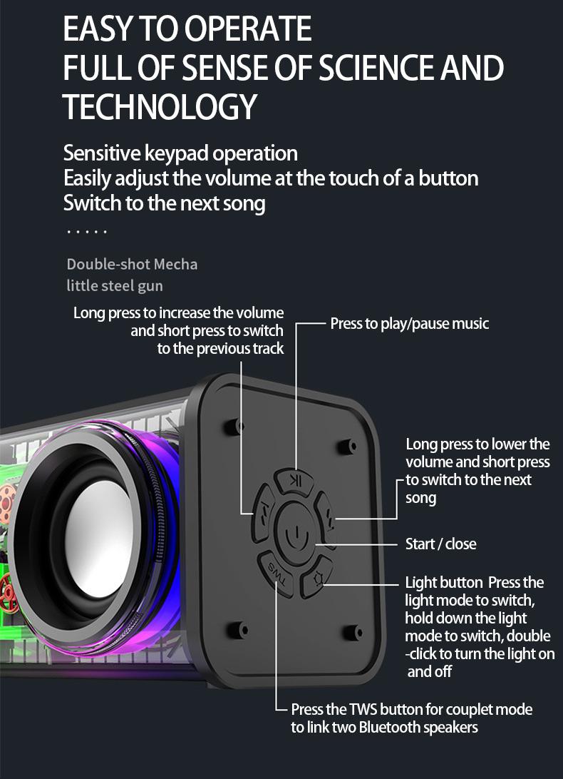 Product Introduction of New transparent dazzle colour light bluetooth speaker V8/small steel cannon bass/support tandem mecha 8