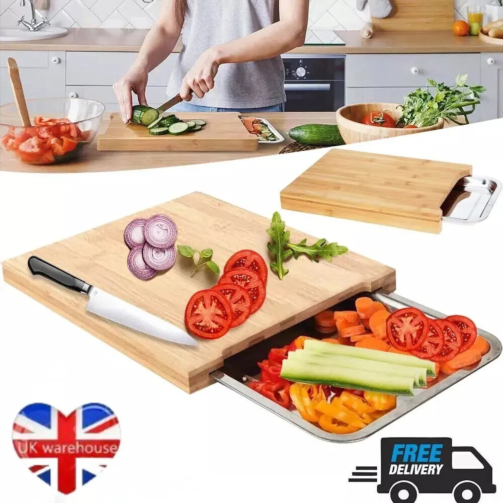 Premium Bamboo Chopping Board with Tray - Versatile Cutting Board Set for Easy, Mess-Free Meal Prep | Durable, Eco-Friendly & Trendy Kitchen Must-Have Handy Knives