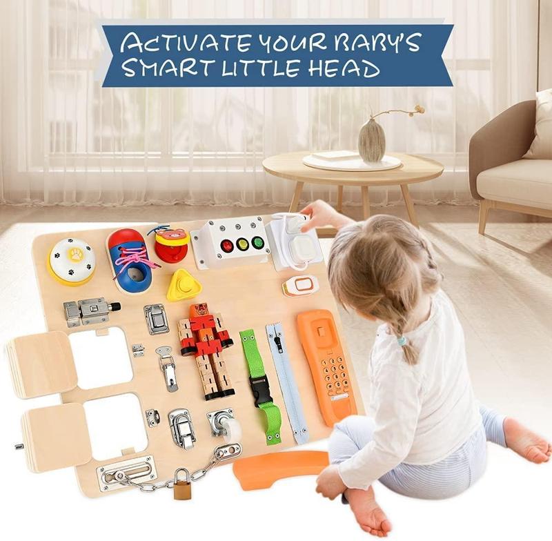 Montessori Wooden Busy Board 20 In 1 Preschool Educational Activity Board Early Education Tools Basic Life Skills For Child Sensory Board Game Handmade Toys Gift Busy Board 1 Year Old Dyzi 4