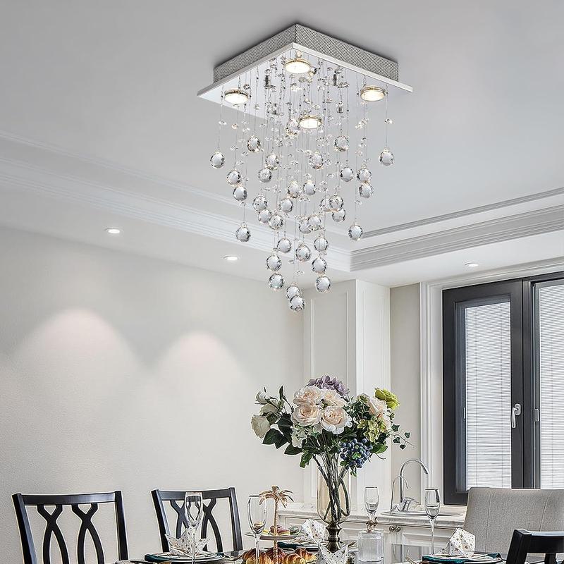 Product Introduction of Modern Crystal Raindrop Chandelier, Flush Mount LED Ceiling Light for Dining Room, Bathroom, Bedroom, or Living Room, 4 GU10 LED Bulbs Required, Width 35cm, Height 50cm [Energy Class A+++] 14