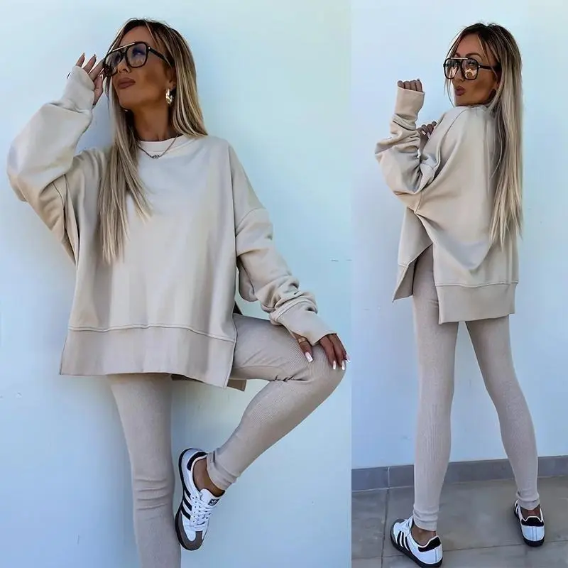 Autumn new women's leisure suit solid color round neck loose pullover hoodie yoga ribbed skinny pants Female fall two-piece set