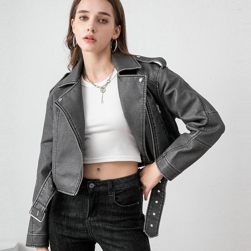 【2025】Premium Faux Leather Jacket coat  for Women,Solid Color Pocket Zipper PU Cropped Collared Long Sleeve Biker Faux Leather Jacket, Street Fashion Casual with Removable Belt Zipper Pocket for Autumn&Winter,New year/Christimas gift,fast delivery 3