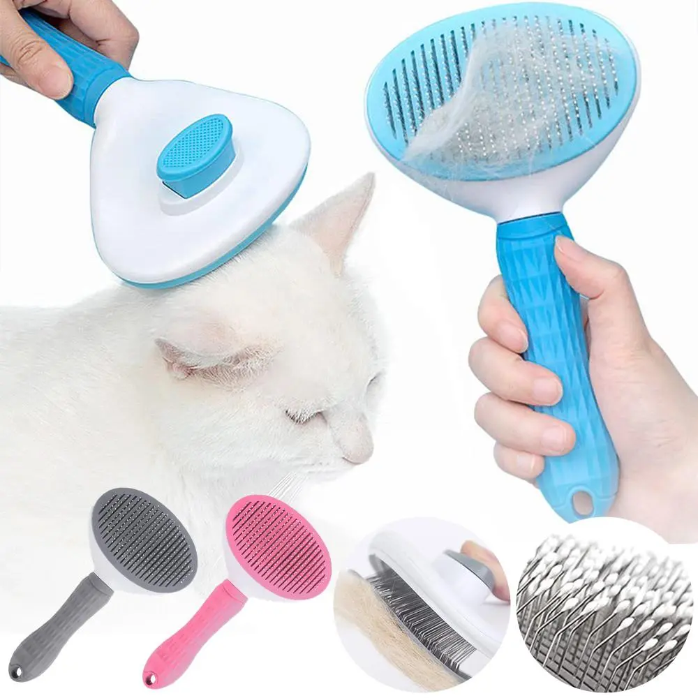 Pet Grooming and Hair Removal tool , with Silicon Anti-Skid Grip and Button for One-Click Swipe Removing Loose & Tangled Hairs, Suitable For dogs & cats  Massages deshedding brush groom , (1 Piece), pink, combs & brushes dog cat Grooming tools