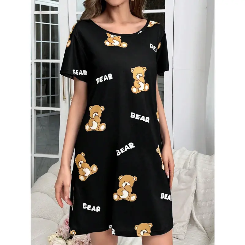 Women's Fashionable Cute Bear & Letter Printed T-Shirt Sleep Dress Pajama Dress Fabric Fit Loungewear Shortsleeve Nightwear Womenswear Day Homewear Pjs Black 5