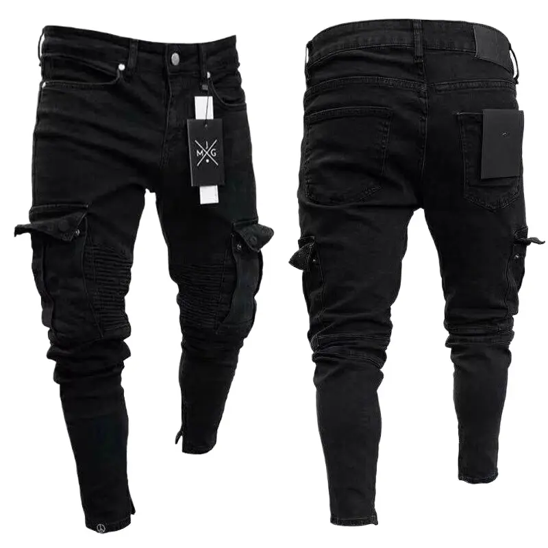 Fashion Men Slim Biker Ripped Long Denim Trousers Skinny Jeans Pocket Young Man's Jogging Pants Destroyed Stretchy Multiple color Pants 8