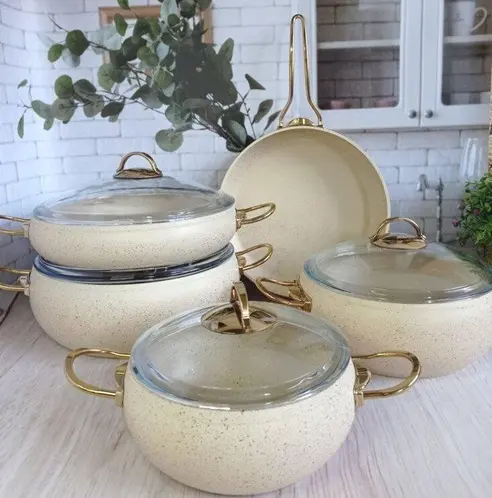 OMS 9PC GRANITE COOKWARE SET IVORY- Sturdy Aluminium Handles 1