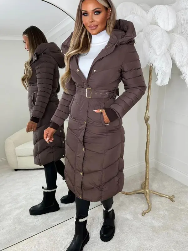 Women's Chevron Style Padded Belt Long Coat for Winter. classic Womenswear Casual Comfort plain modern spring puffer Chic Elegant 0