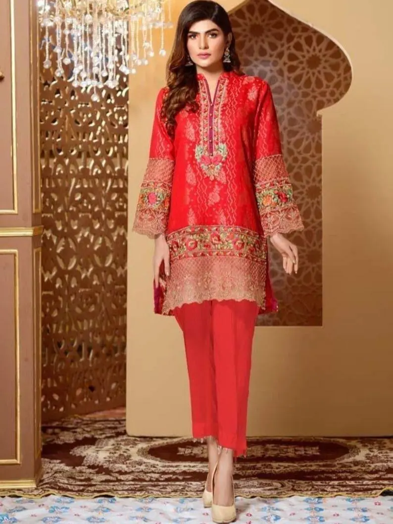 Zauq | Embroidered Jacquard shirt | Red Beryl Long Sleeve Top