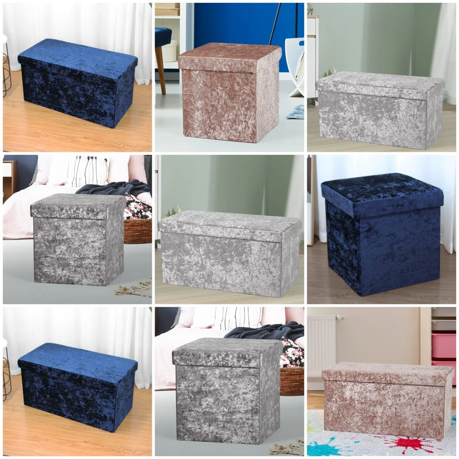 Foldable Crushed Velvet Storage Box Ottoman Cube for Bedroom, Living Room, Hallway 38cmX38cm